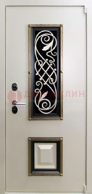 Белая стальная дверь с ковкой со стеклопакетом и МДФ ДК-30 в Тольятти
