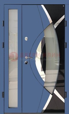 Синяя металлическая дверь со стеклом и узором ДС-13 в Тольятти