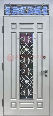 Белая железная дверь со стеклом и ковкой с верхней фрамугой ДСК-112 в Тольятти