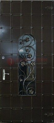 Высокая железная дверь со стеклом и ковкой ДСК-15 в Тольятти