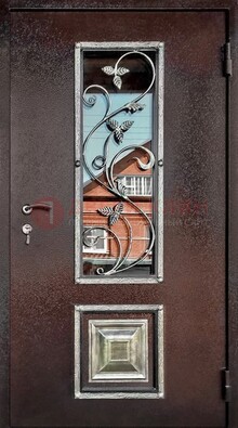 Коричневая стальная дверь порошок со стеклом и ковкой ДСК-163 в Тольятти