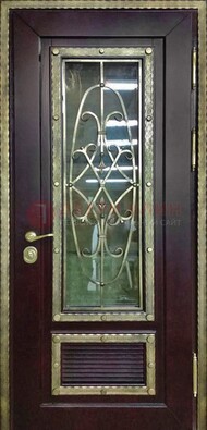 Темная уличная дверь порошок со стеклом и ковкой ДСК-167 в Тольятти