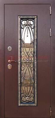 Коричневая стальная дверь порошок со стеклом и ковкой для дома ДСК-169 в Тольятти