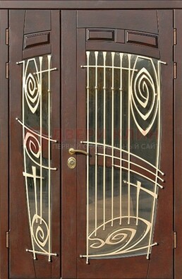 Коричневая железная дверь с большим стеклом и ковкой ДСК-203 в Тольятти