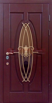 Бордовая стальная дверь Винорит со стеклом и ковкой ДСК-263 в Тольятти