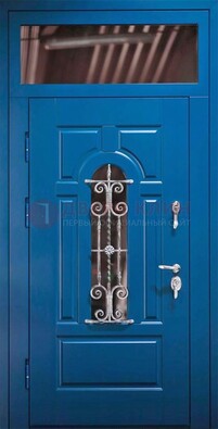 Синяя железная филенчатая дверь со стеклом и ковкой ДСК-97 в Тольятти