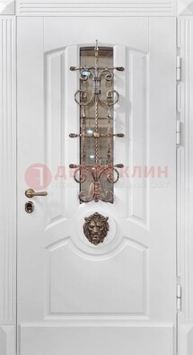 Белая металлическая дверь с виноритом и стеклом с ковкой ДВТ-165 в Тольятти