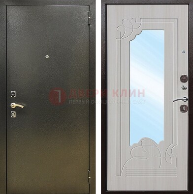 Входная темно-серая дверь c порошковым покрытием и МДФ с резьбой и зеркалом ДЗ-113 в Тольятти