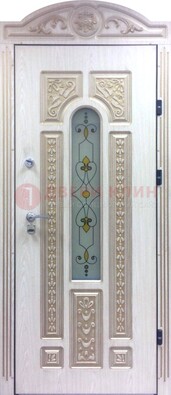 Белая железная дверь с МДФ и витражом ВЖ-26 в Тольятти