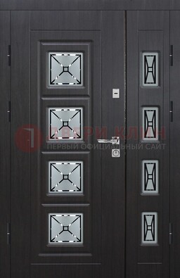 Чёрная двухстворчатая железная дверь с МДФ и витражом ВЖ-35 в Тольятти