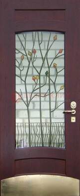 Бордовая стальная дверь с витражом и декоративным элементом ВЖ-3 в Тольятти